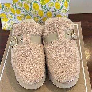 Dolce Vita Beige Fuzzy Clogs with Gold Buckle